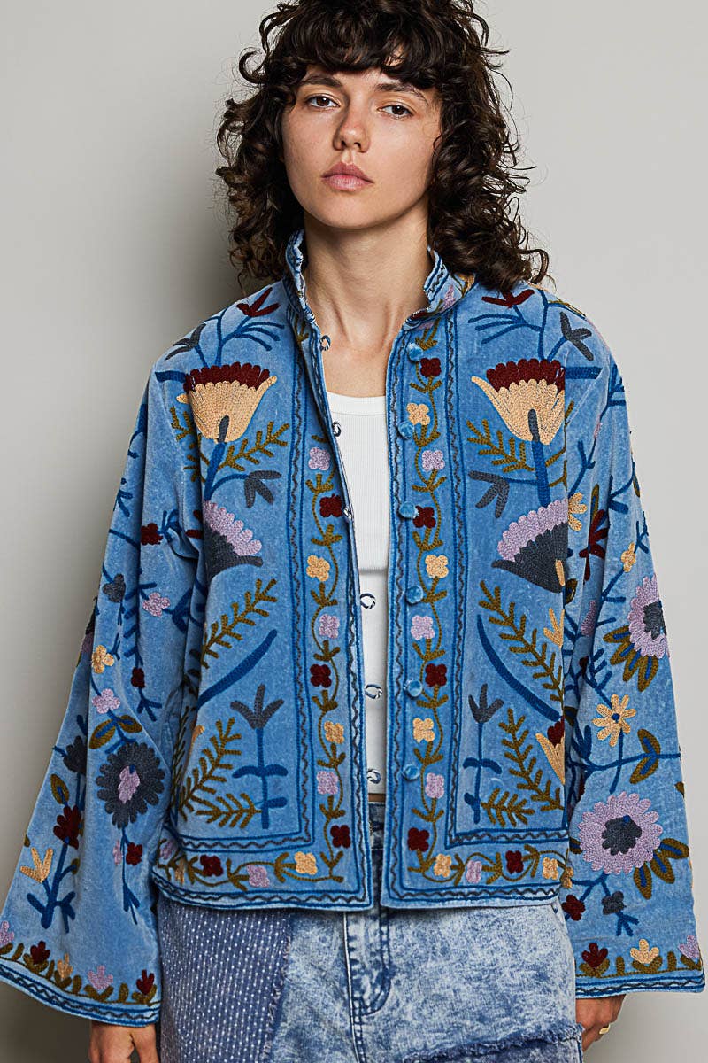 Embroidered Stand Collar & Contrast Trim Velvet Jacket