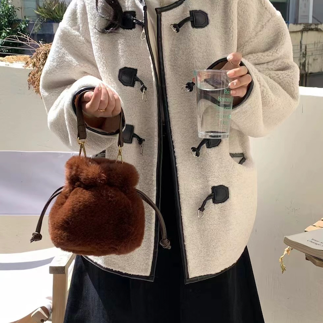 Faux Fur Drawstring Bucket Crossbody Bag