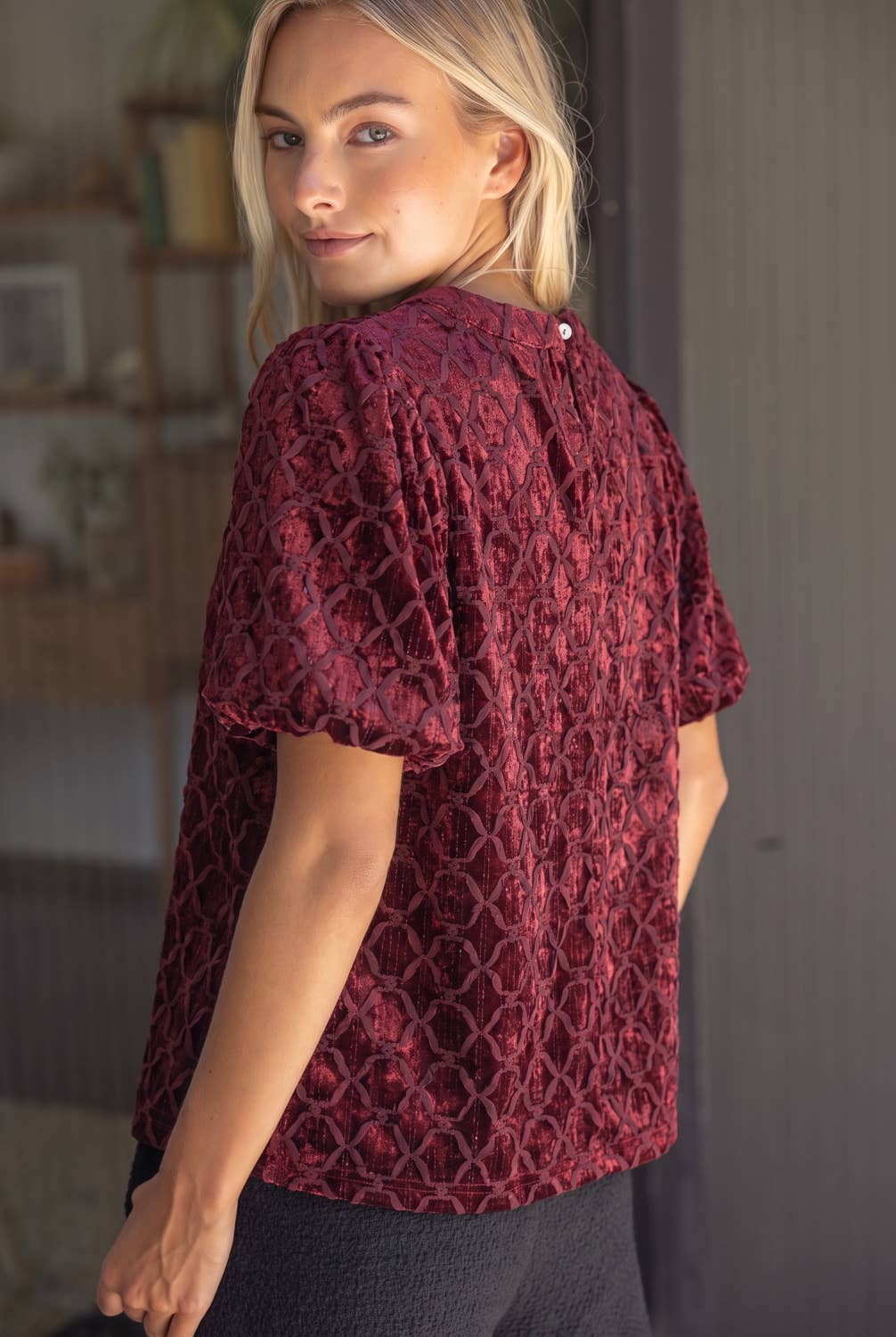 Crushed Velvet Bubble Sleeve Top