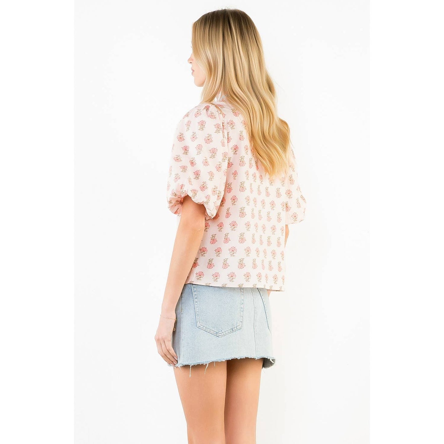 THML Puff Sleeve Floral Detail V-Neck Top