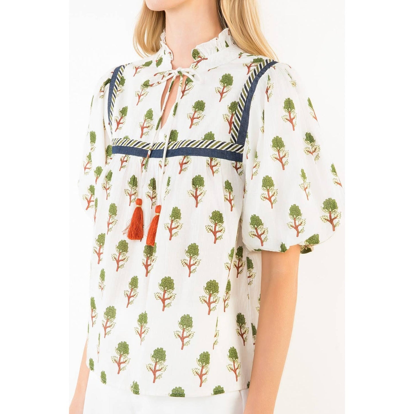 THML Puff Sleeve Print Tie Tassel Top