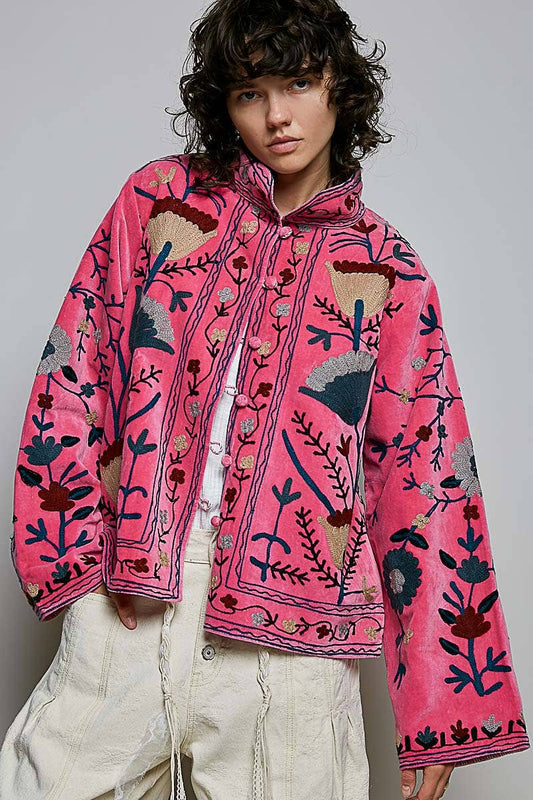 Embroidered Stand Collar & Contrast Trim Velvet Jacket