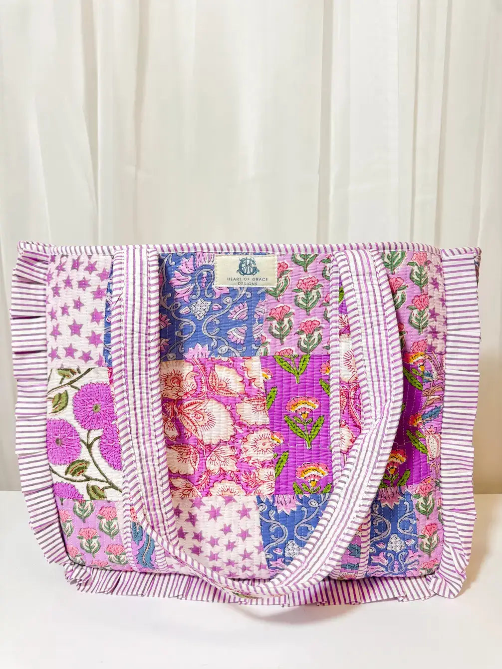 Starlit Blooms Large Quilted Ruffle Tote Bag