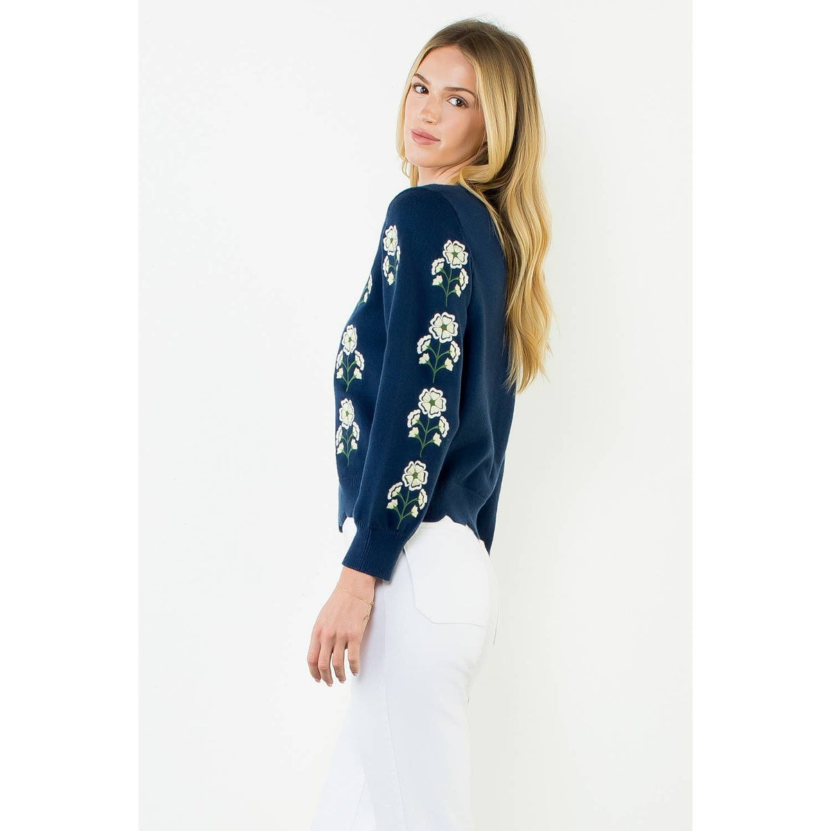 THML Embroidered Wavy Hem Sweater