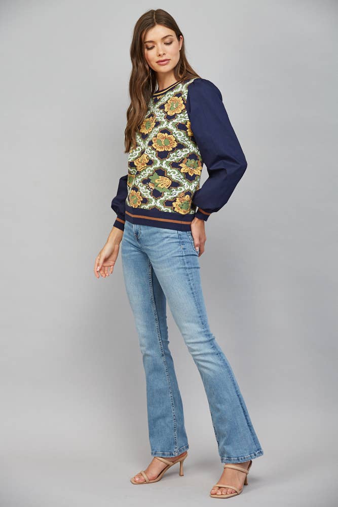 Contrast Sleeve Crew Neck Sweater