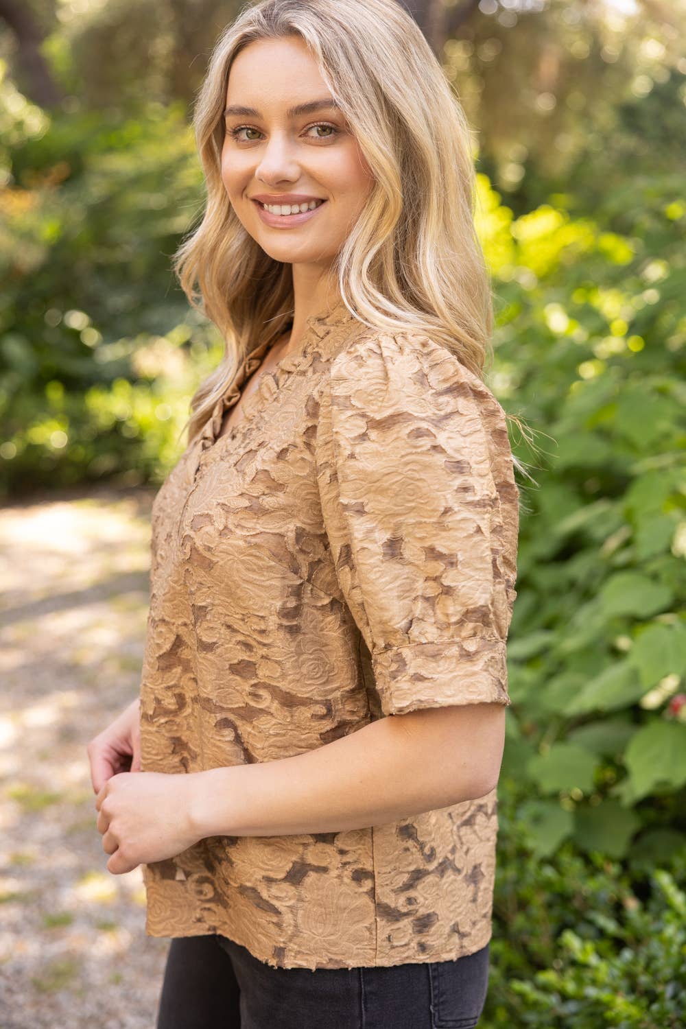 Floral Burn Out Ruffled V-Neck Top