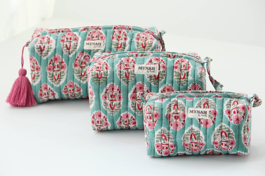 Turquoise-Bouquet Quilted Travel Pouch