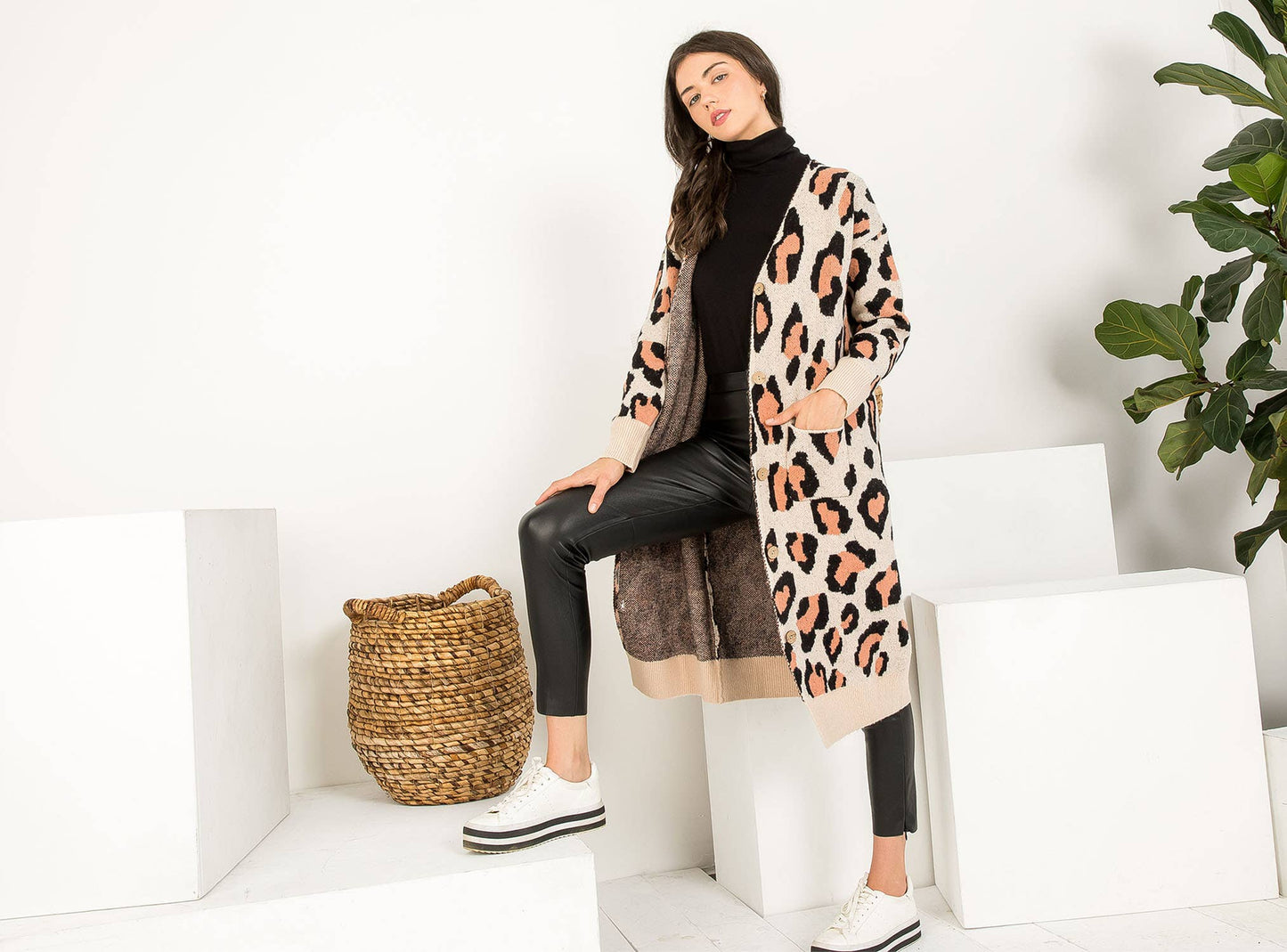THML Cheetah Knit Long Cardigan