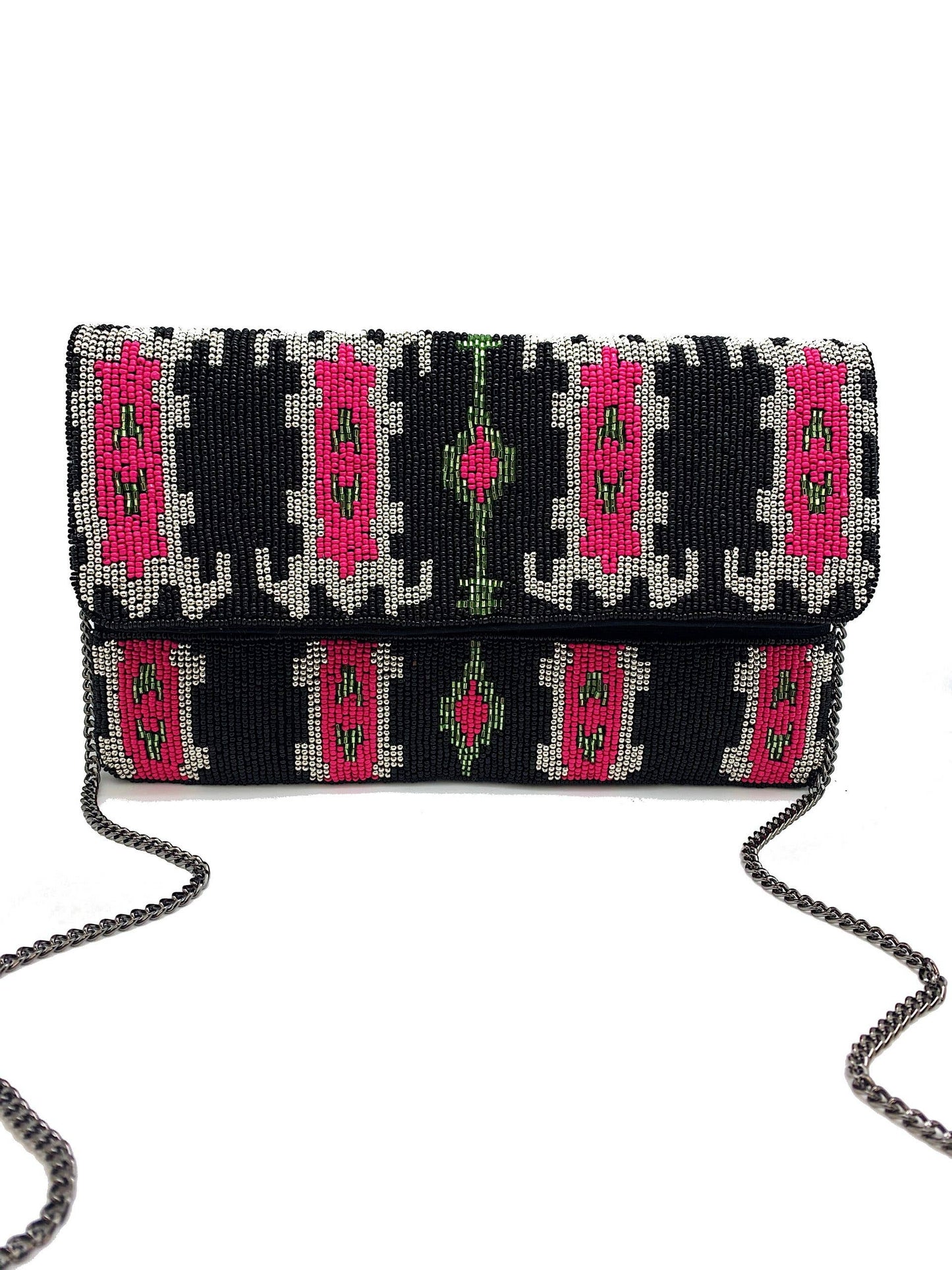 BLACK & FUCHSIA IKAT BEADED CLUTCH