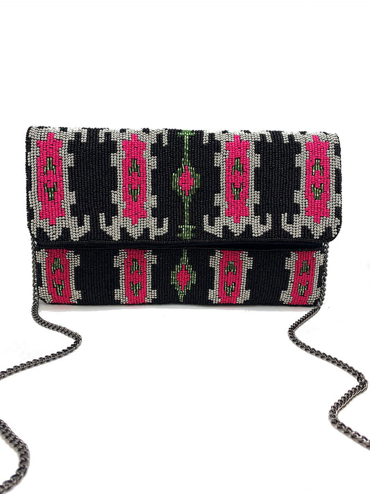 BLACK & FUCHSIA IKAT BEADED CLUTCH