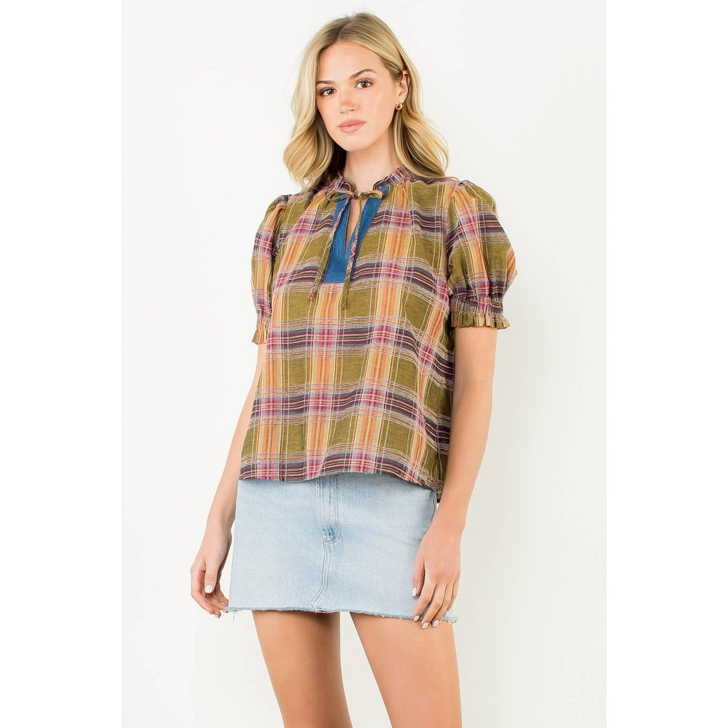 THML Plaid Puff Sleeve Contrast Neck Top
