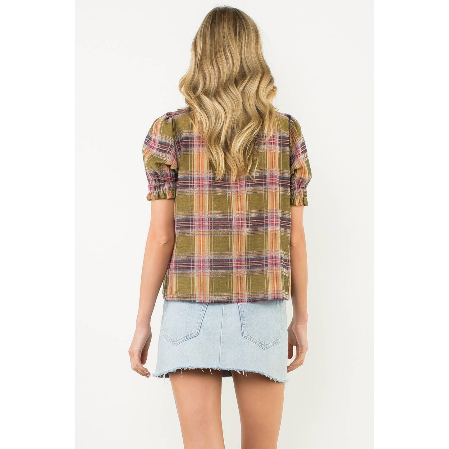 THML Plaid Puff Sleeve Contrast Neck Top