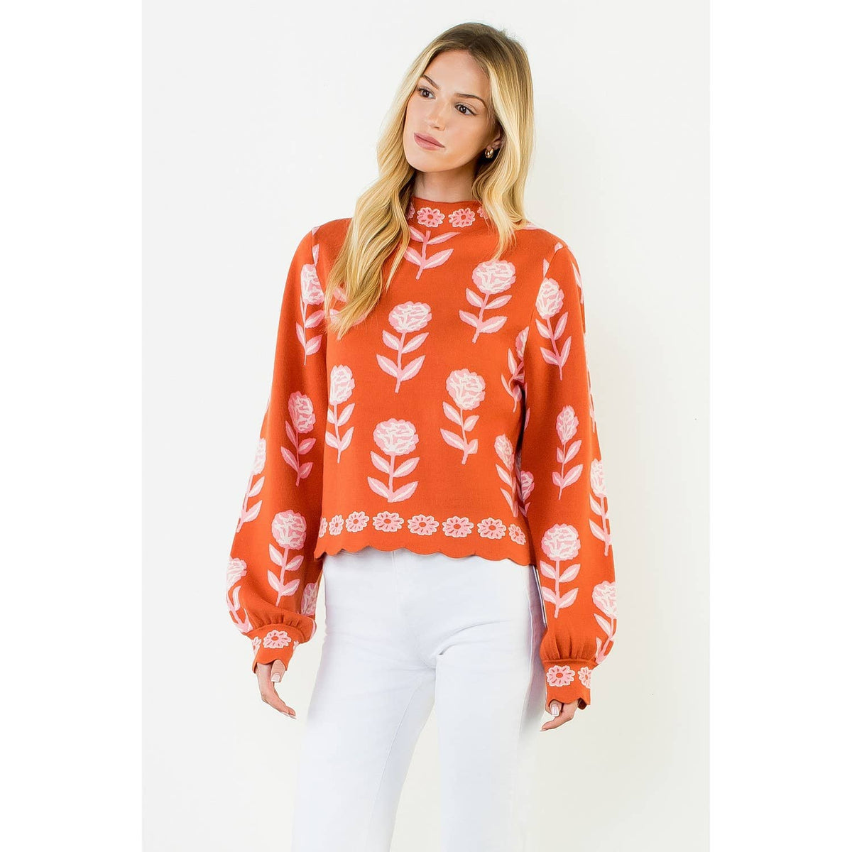 THML Flower Print Turtle Neck Sweater