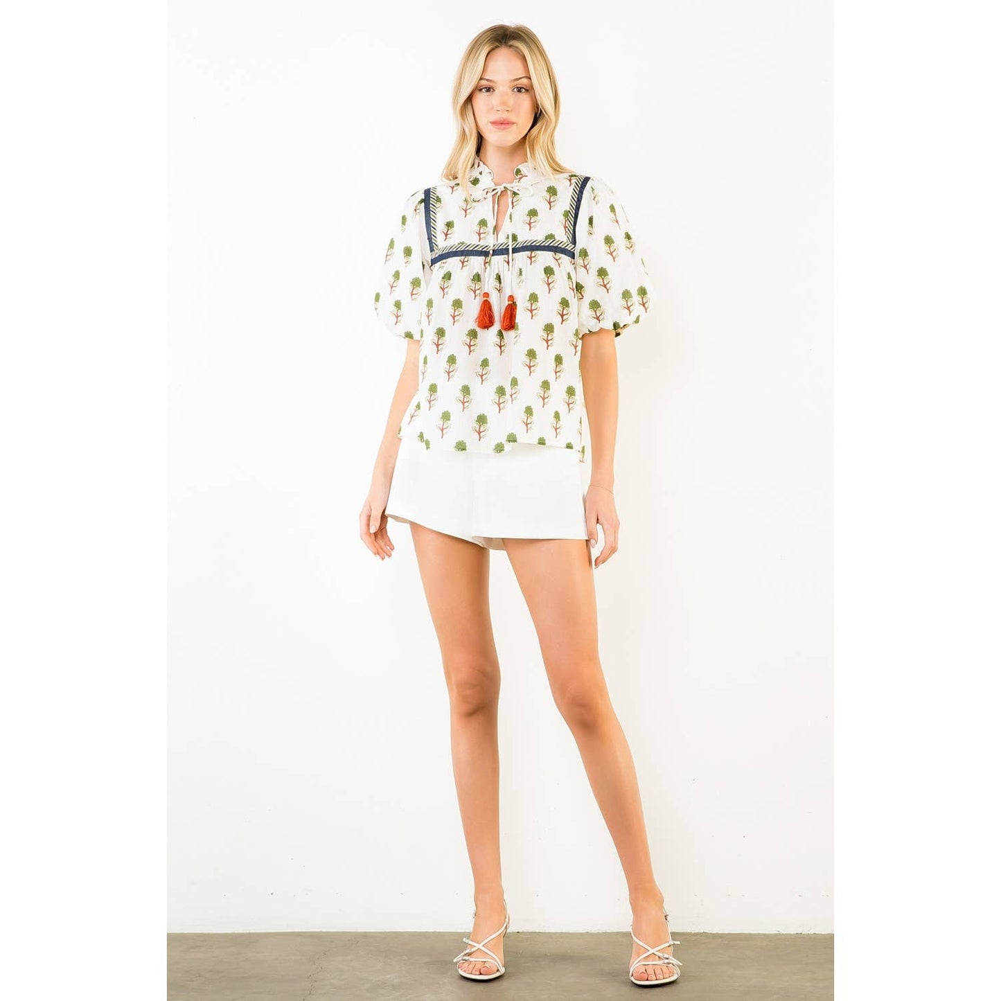 THML Puff Sleeve Print Tie Tassel Top