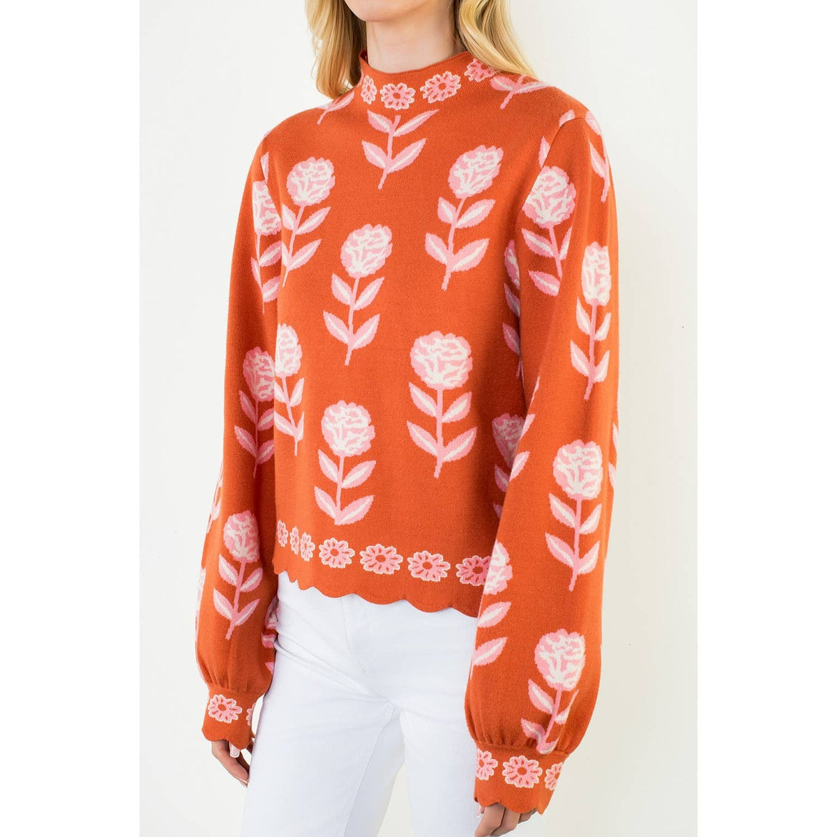 THML Flower Print Turtle Neck Sweater