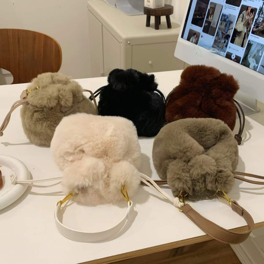 Faux Fur Drawstring Bucket Crossbody Bag