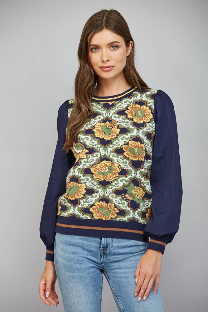 Contrast Sleeve Crew Neck Sweater