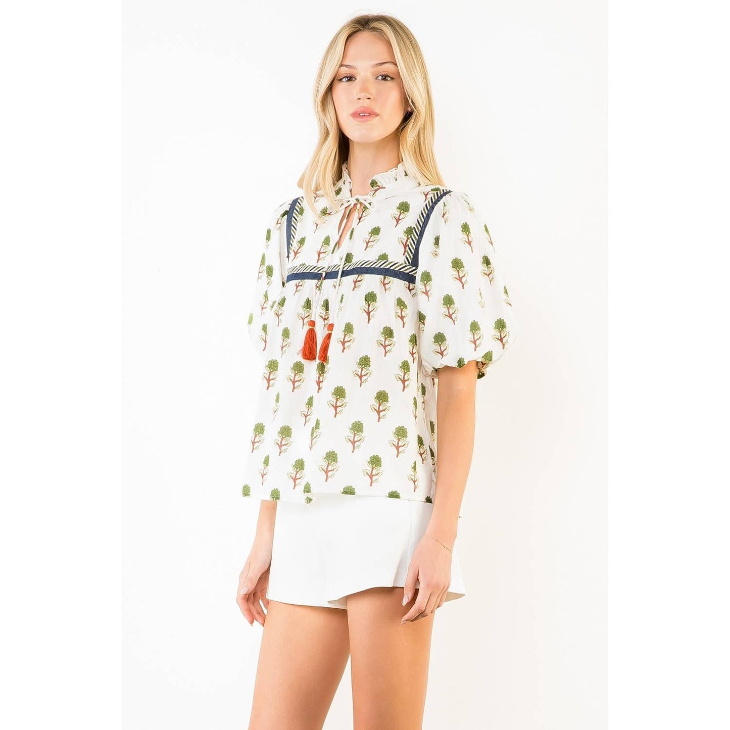 THML Puff Sleeve Print Tie Tassel Top