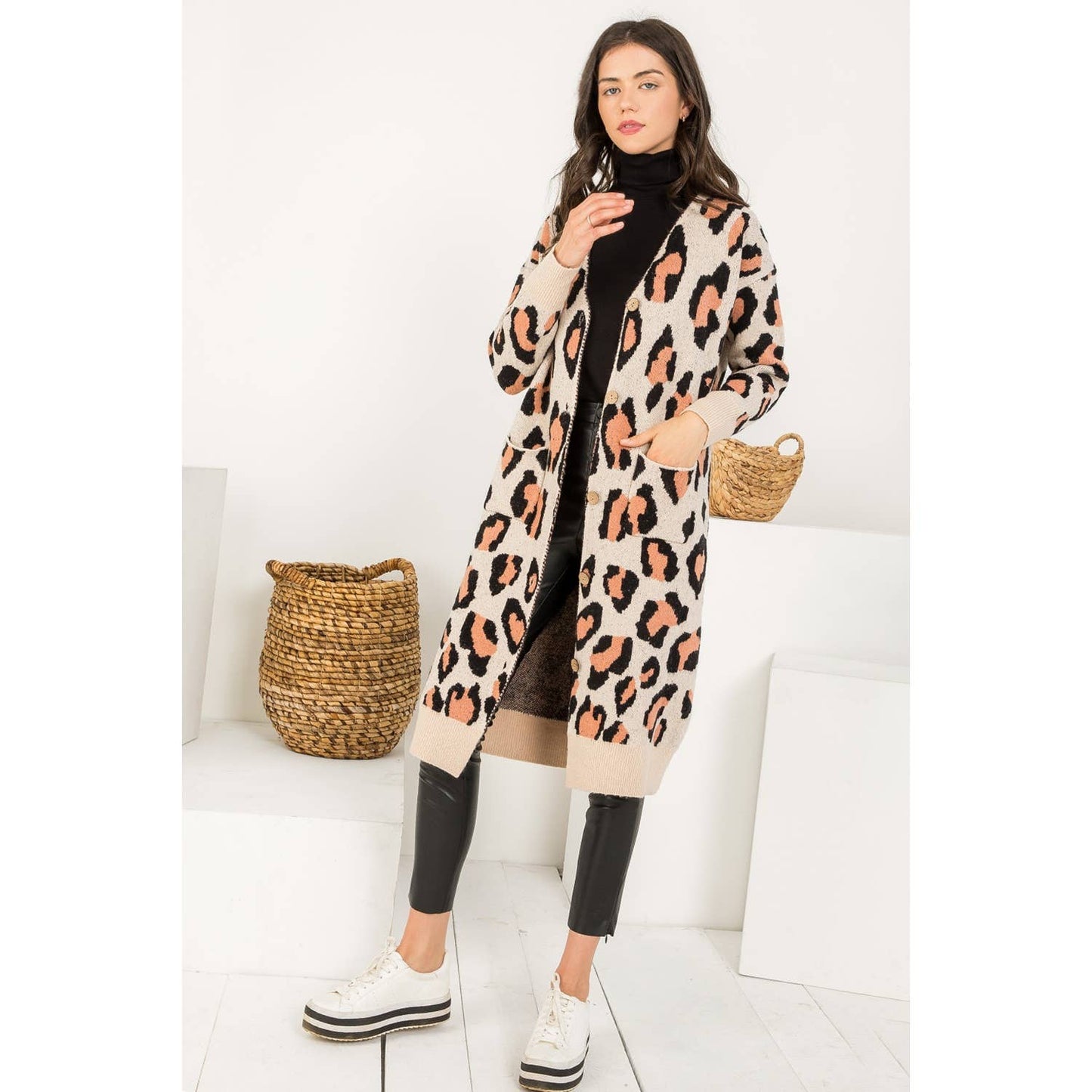 THML Cheetah Knit Long Cardigan