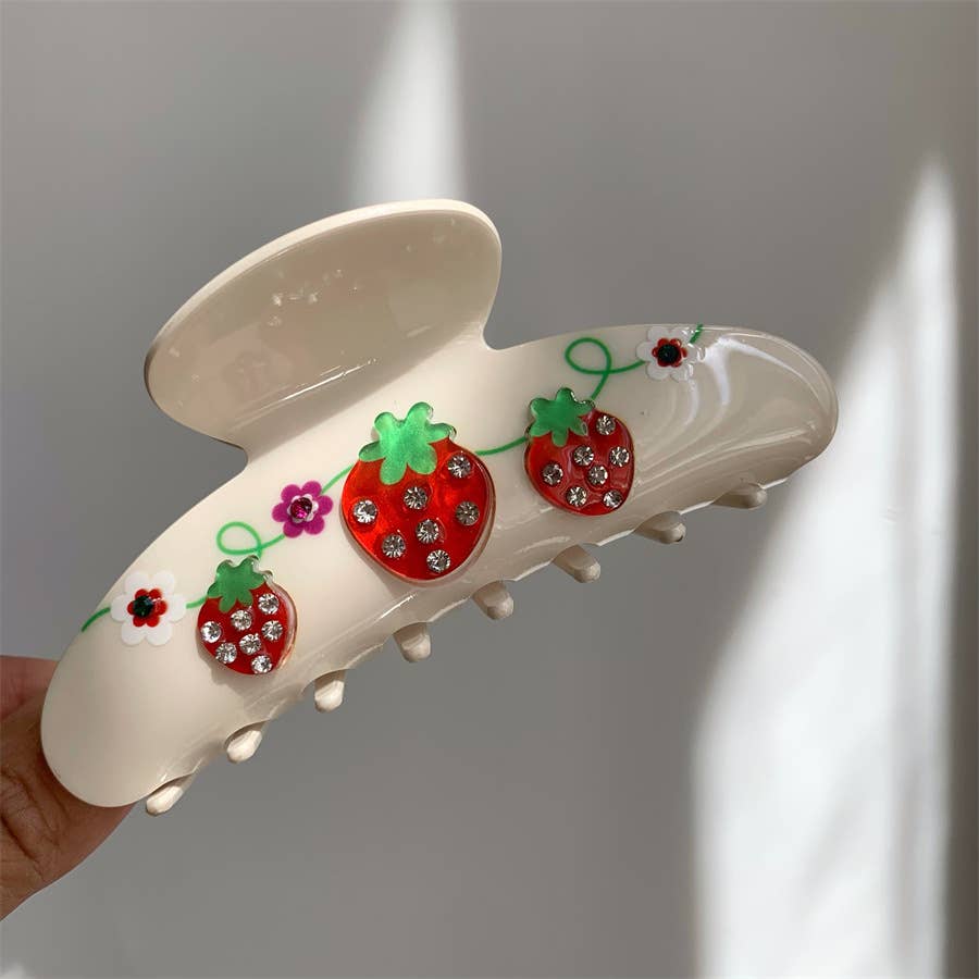 Strawberry & Cherry Design Rhinestone Fruit Hair Clips