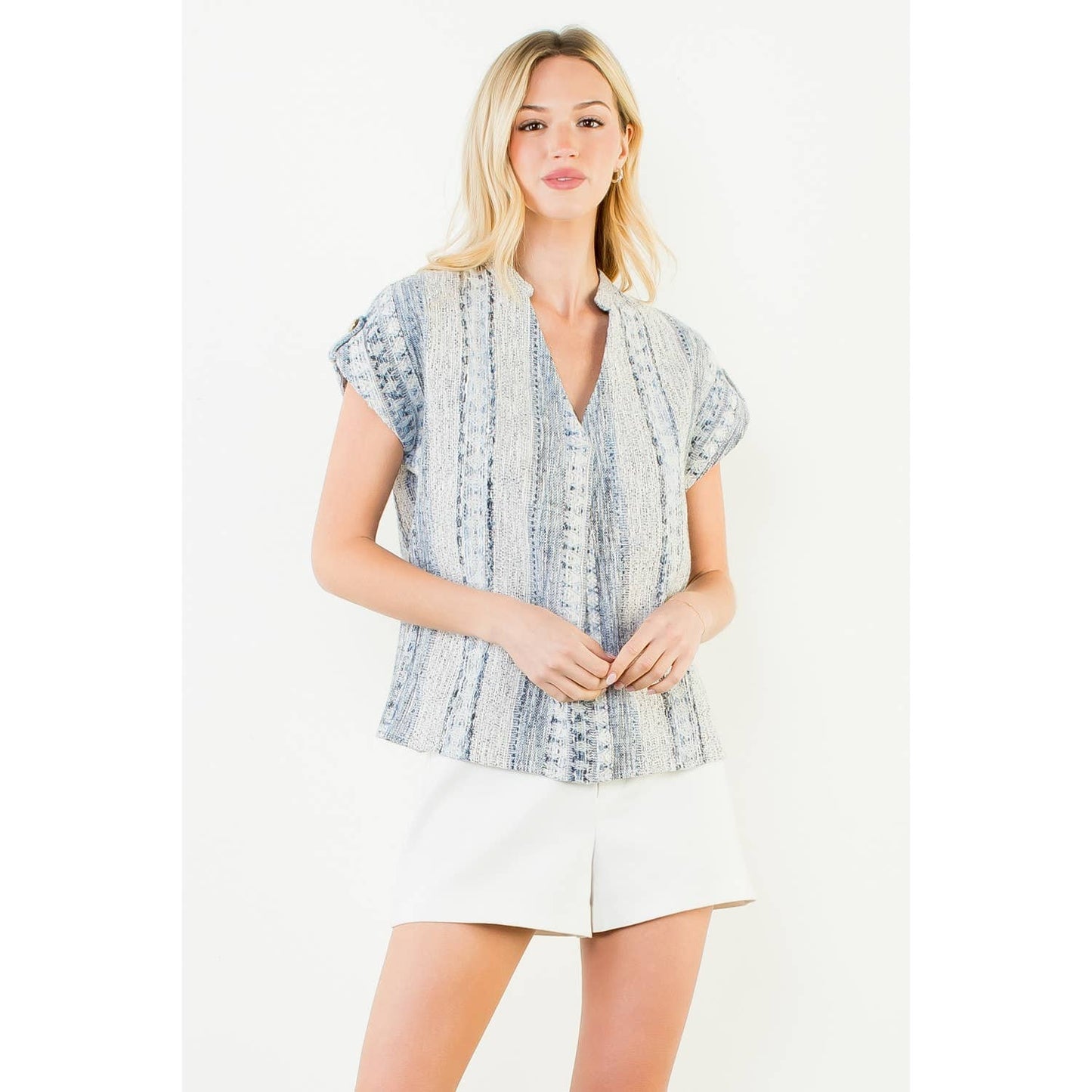 Short Sleeve Tweed V-Neck Top