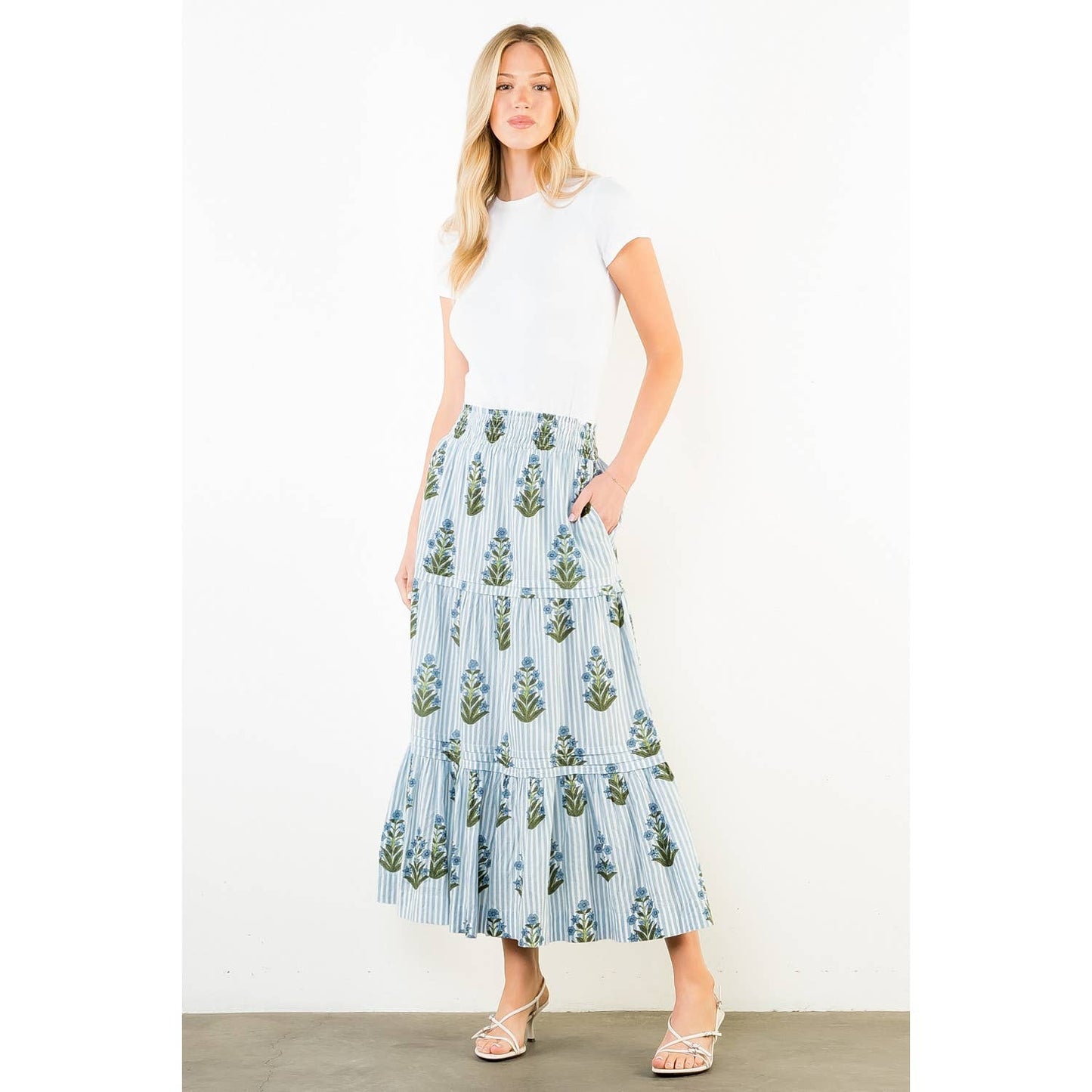 THML Long Striped Floral Pattern Skirt
