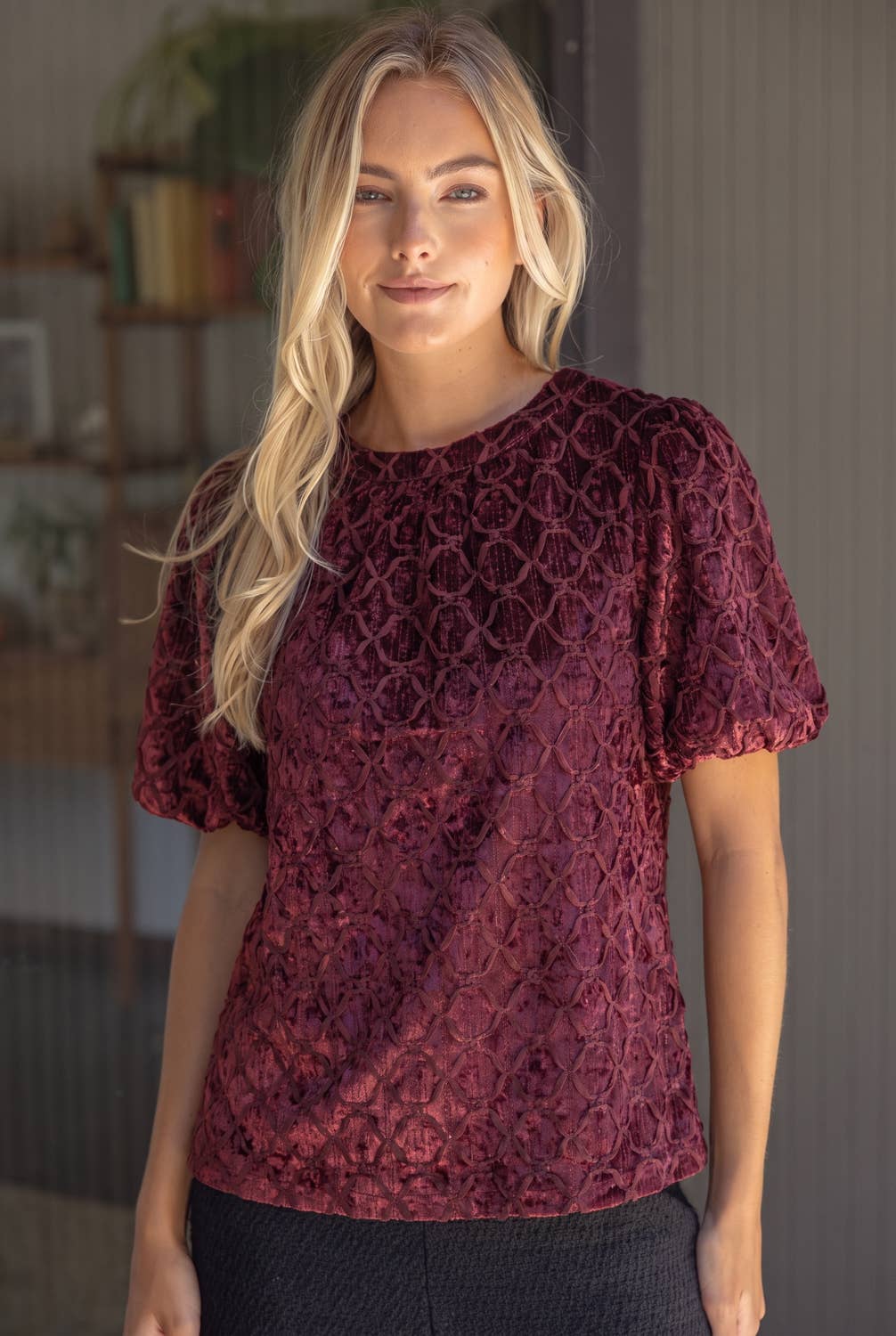 Crushed Velvet Bubble Sleeve Top
