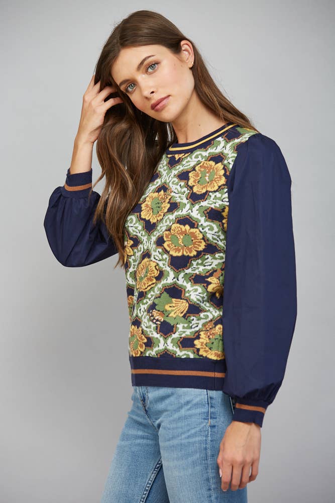 Contrast Sleeve Crew Neck Sweater
