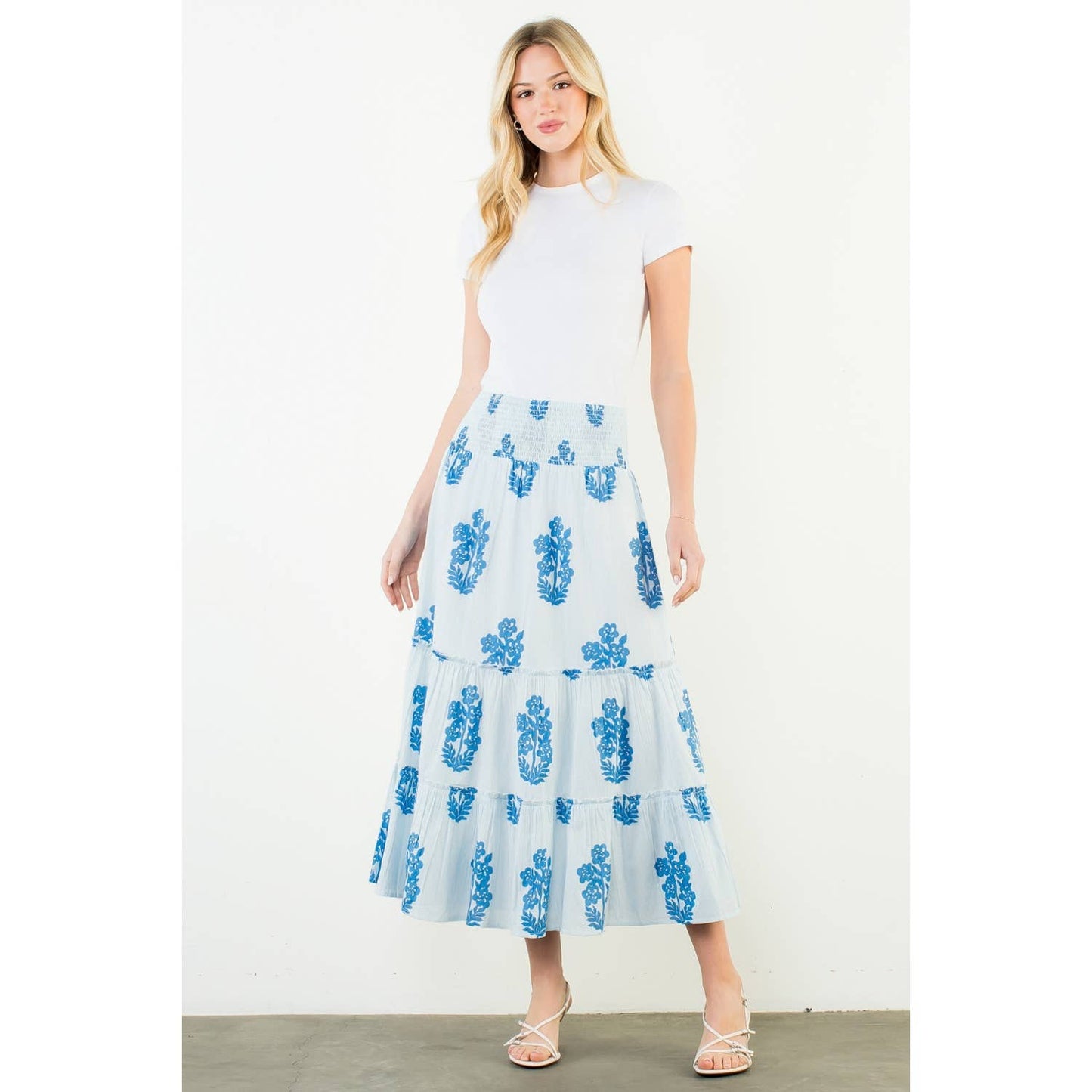 THML Smocked Waist Floral Pattern Long Skirt