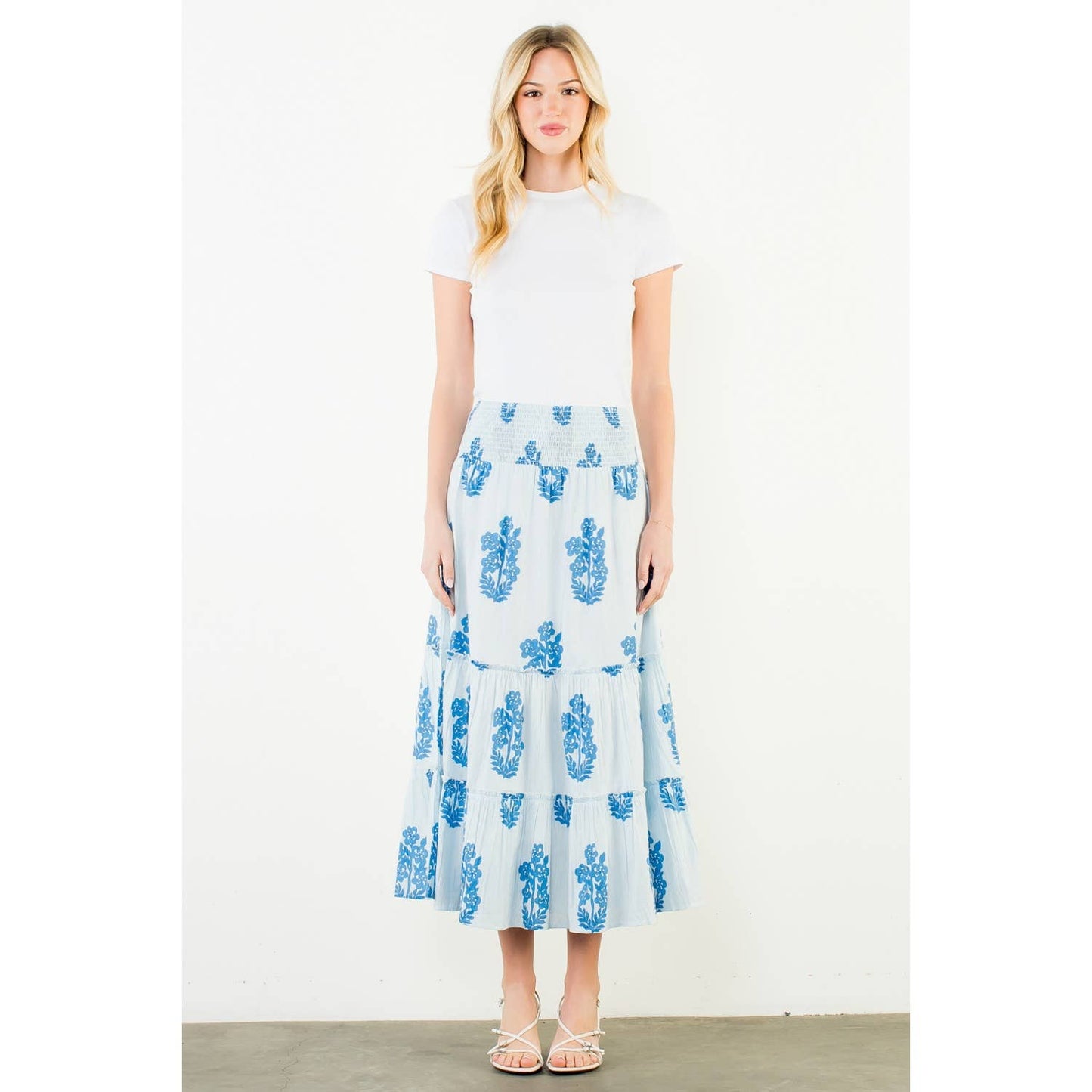 THML Smocked Waist Floral Pattern Long Skirt