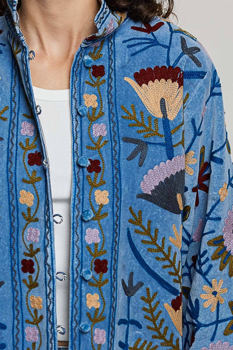 Embroidered Stand Collar & Contrast Trim Velvet Jacket