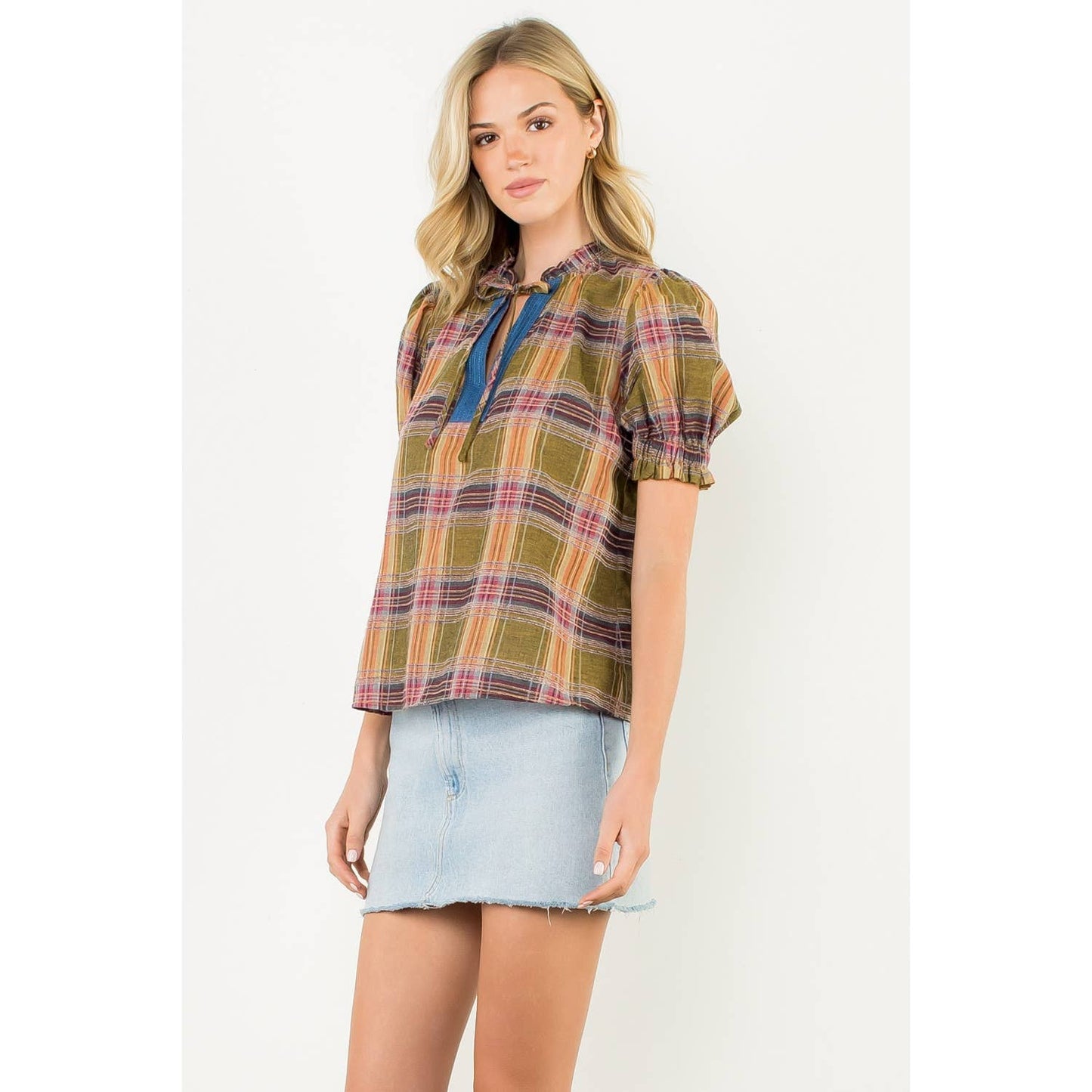 THML Plaid Puff Sleeve Contrast Neck Top