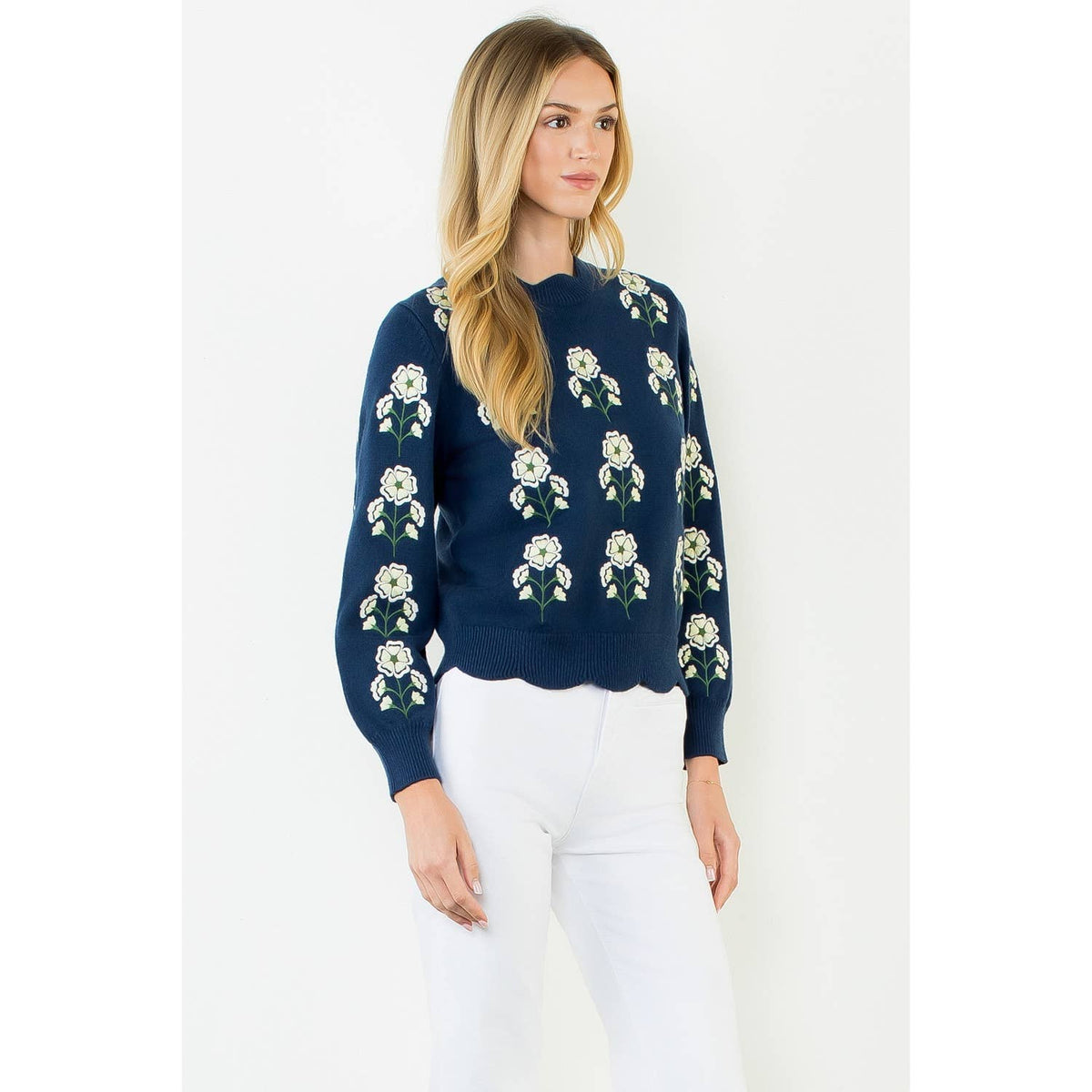 THML Embroidered Wavy Hem Sweater