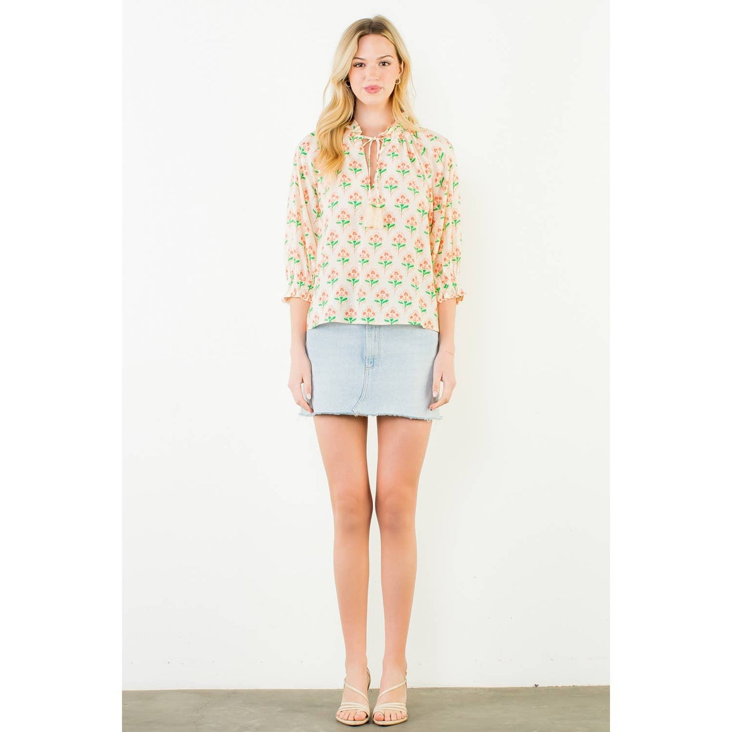 THML Long Sleeve Floral Pattern Tassel Top