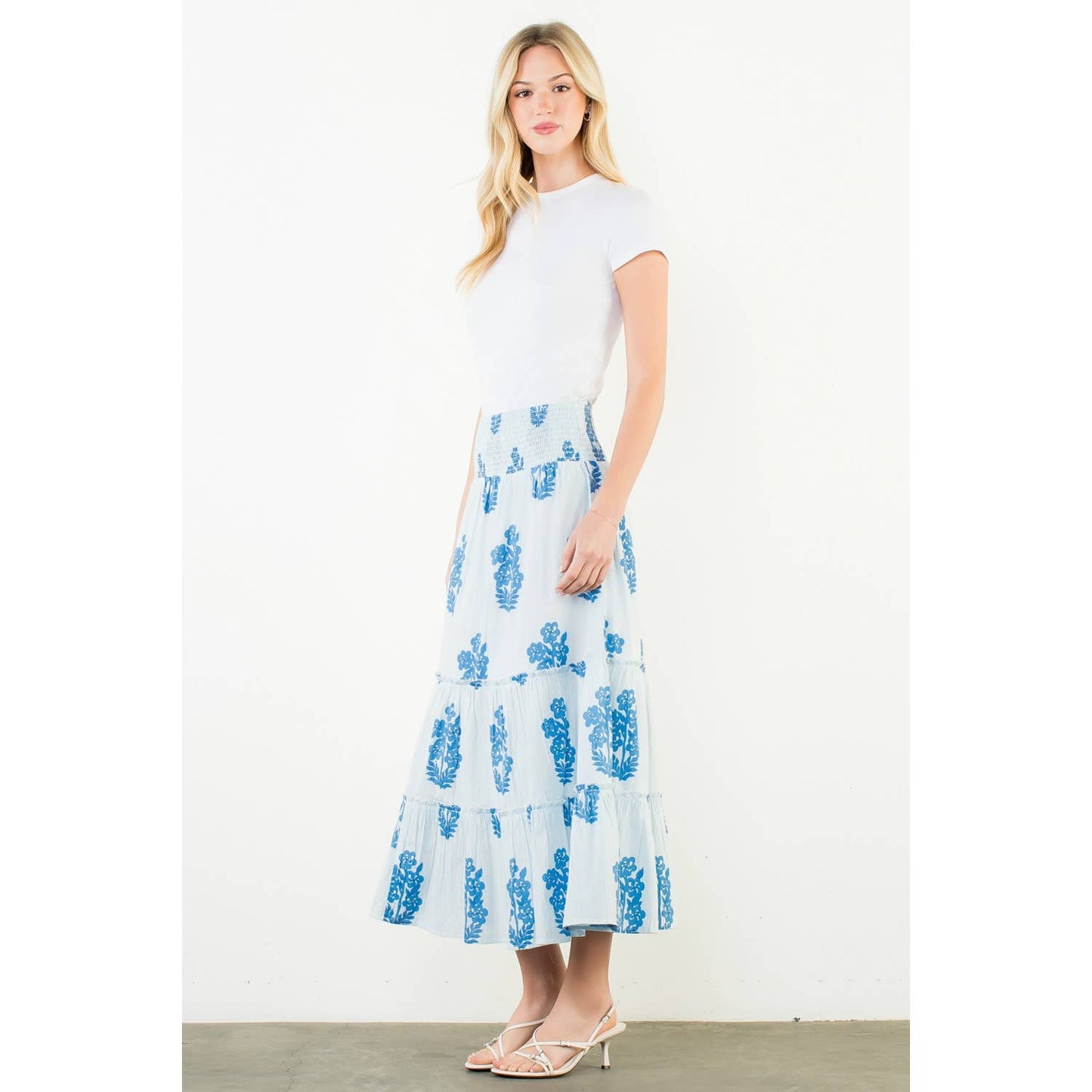 THML Smocked Waist Floral Pattern Long Skirt