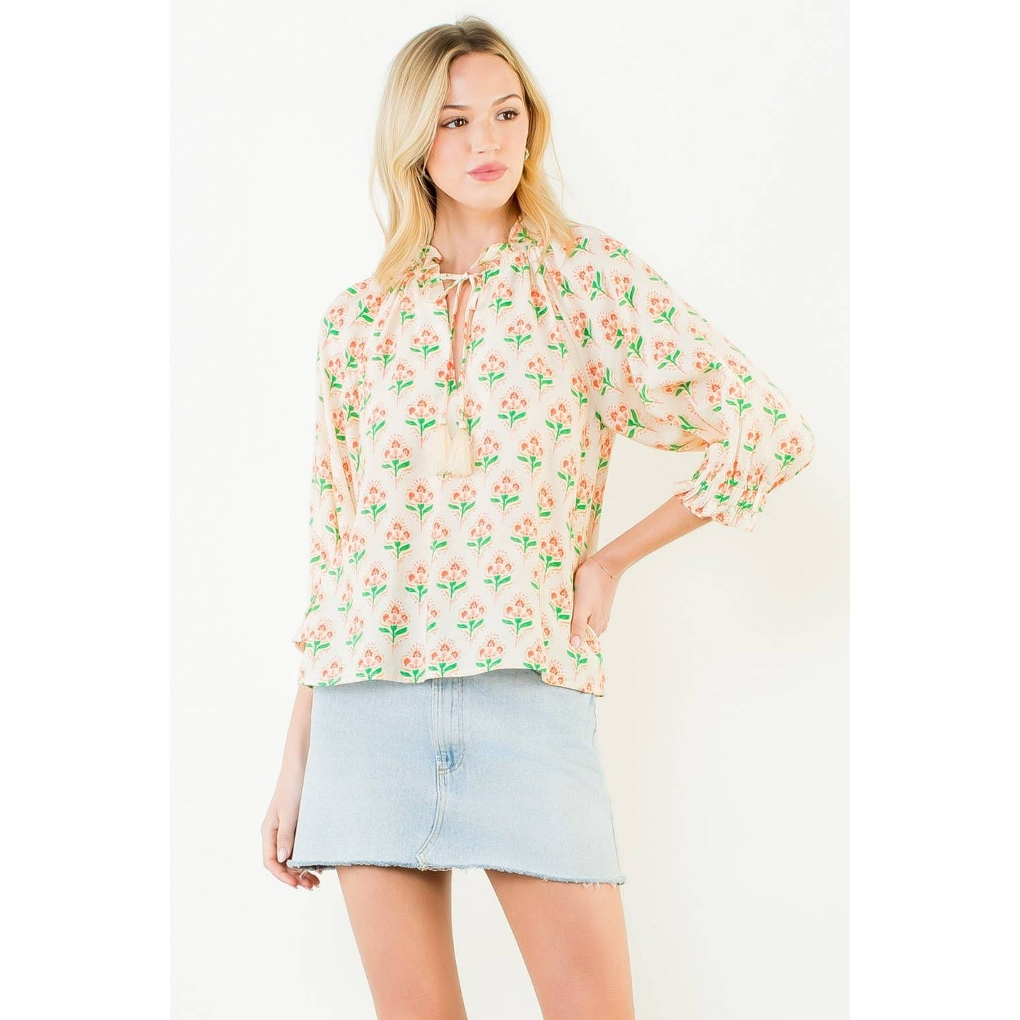 THML Long Sleeve Floral Pattern Tassel Top