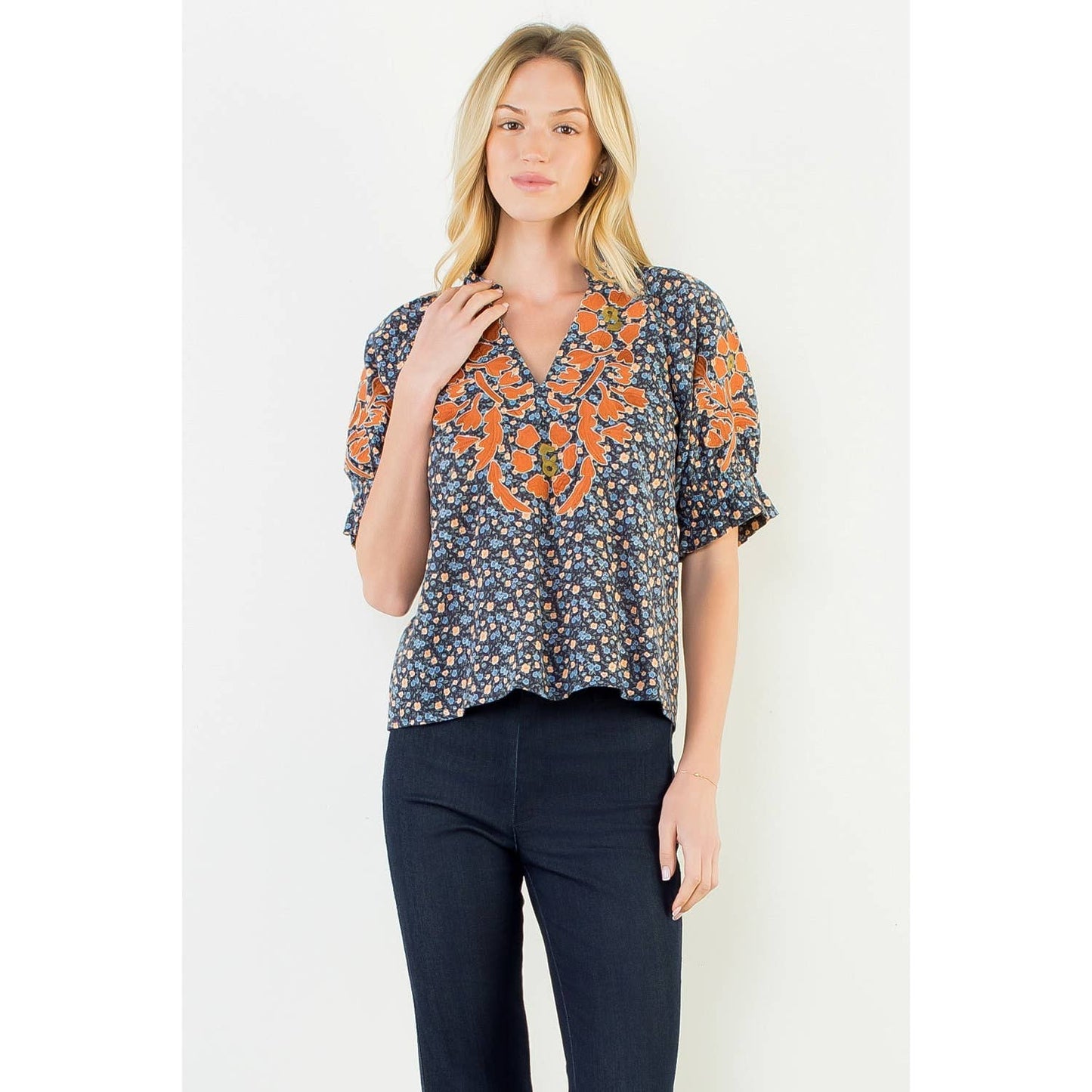 THML Floral Print Top With Embroidery
