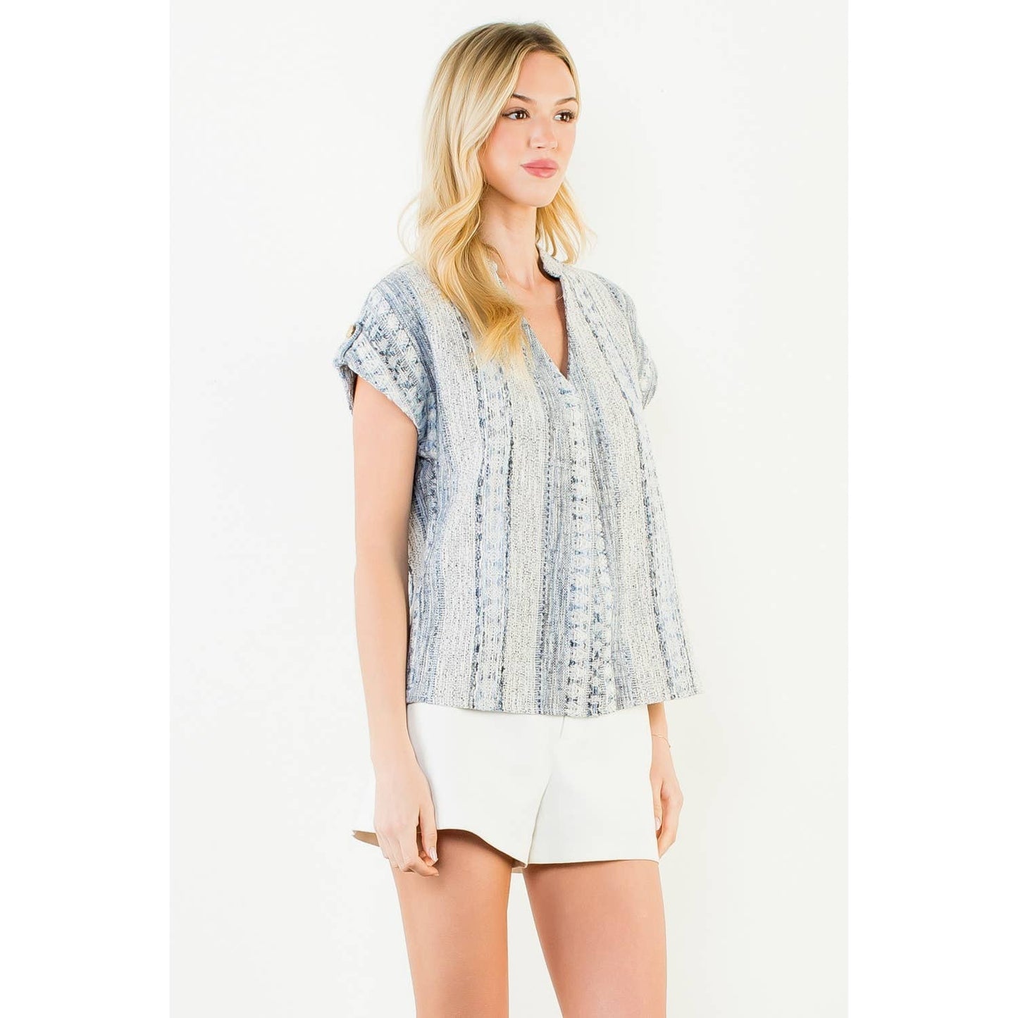 Short Sleeve Tweed V-Neck Top