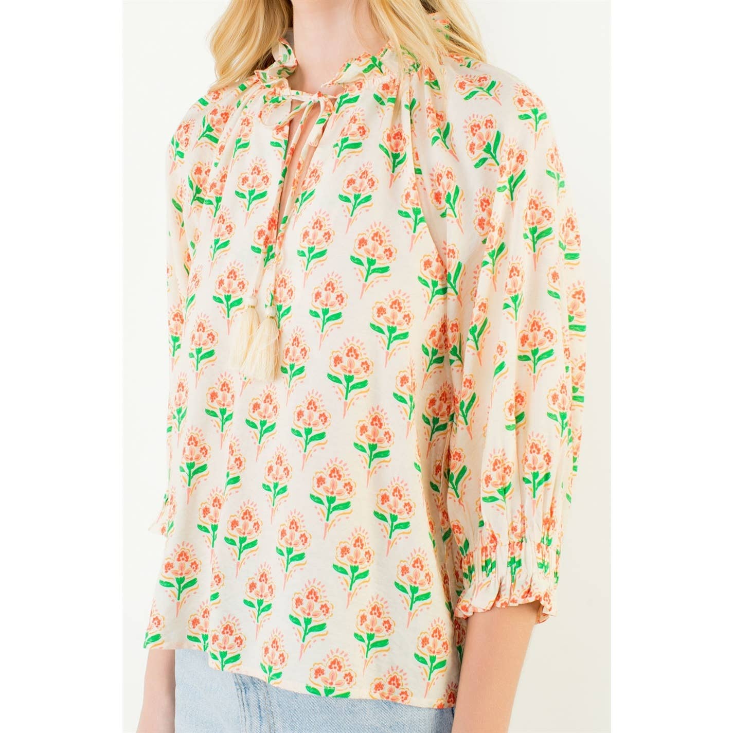 THML Long Sleeve Floral Pattern Tassel Top