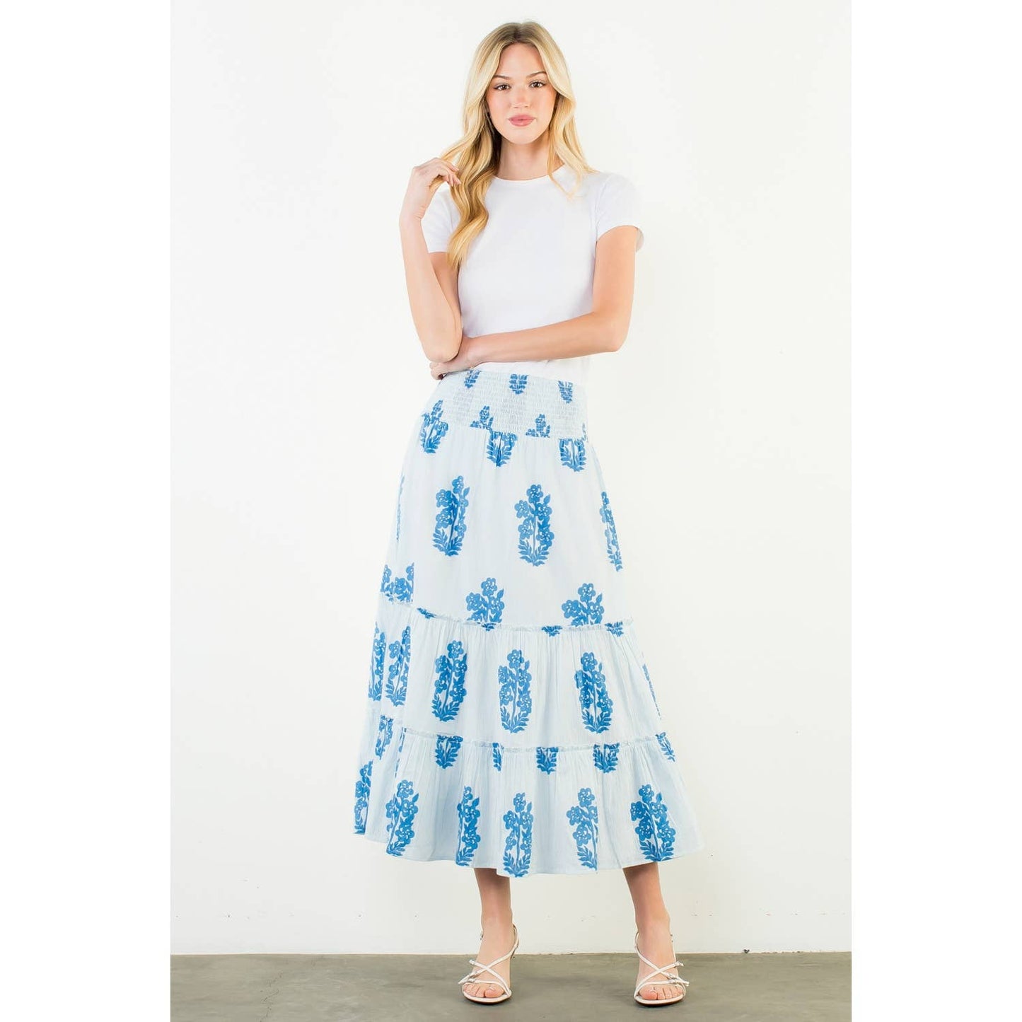 THML Smocked Waist Floral Pattern Long Skirt