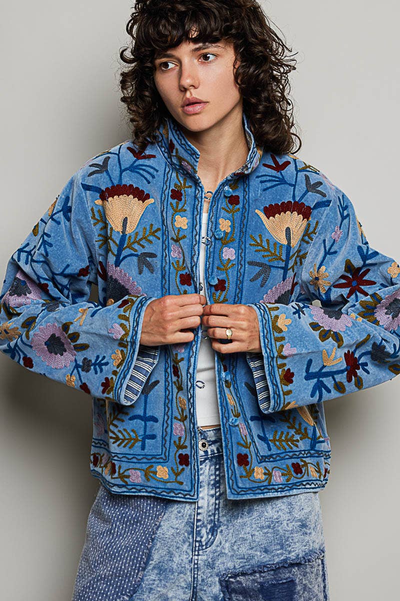 Embroidered Stand Collar & Contrast Trim Velvet Jacket