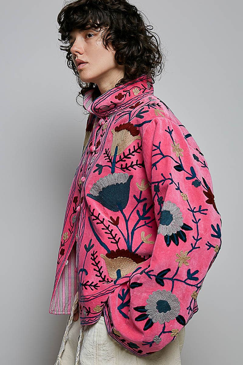 Embroidered Stand Collar & Contrast Trim Velvet Jacket