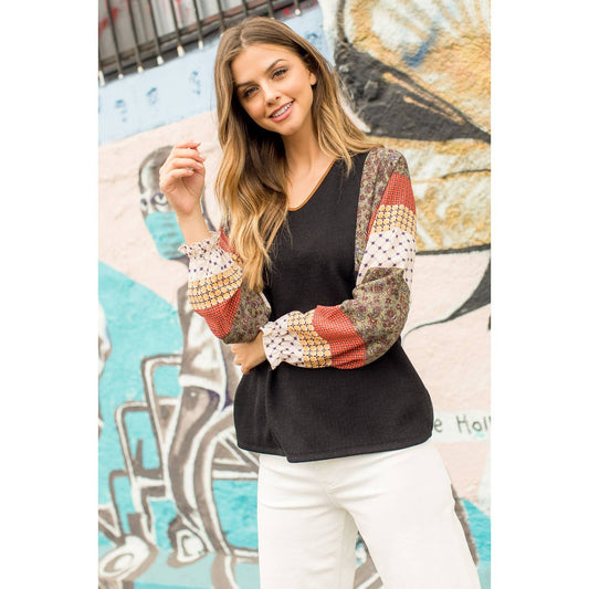 THML Multi Print Blocked Sleeve Knit Top