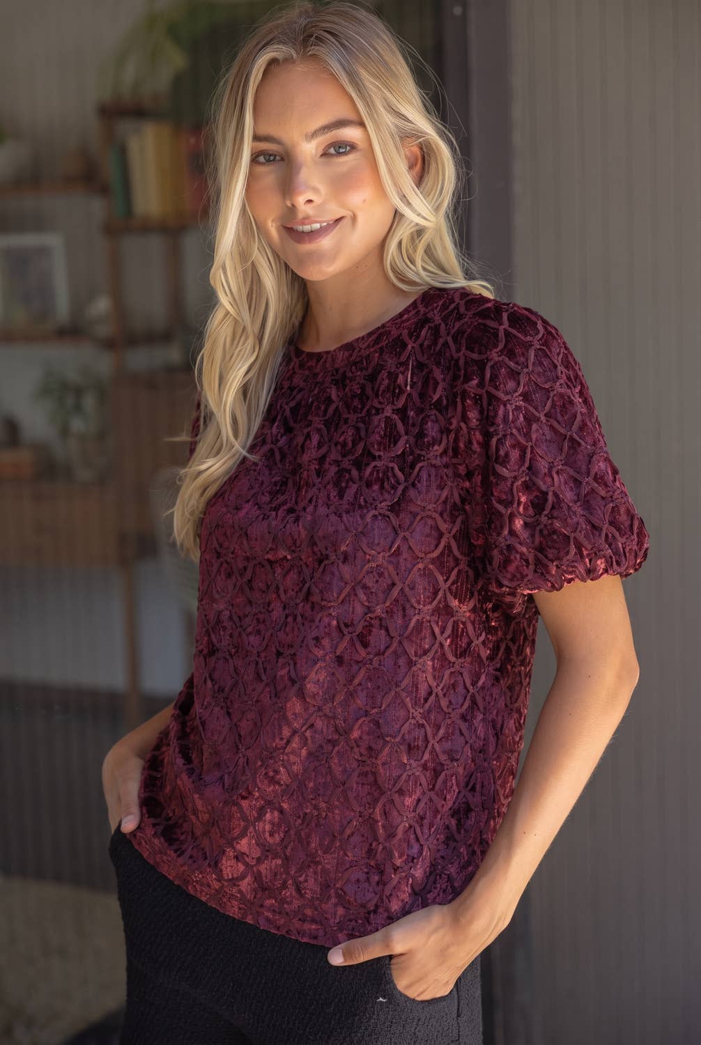Crushed Velvet Bubble Sleeve Top
