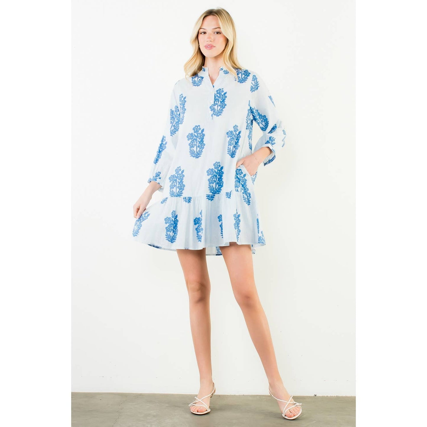 THML Long Sleeve Floral Pattern Tiered Dress