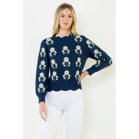 THML Embroidered Wavy Hem Sweater