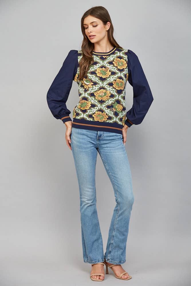 Contrast Sleeve Crew Neck Sweater