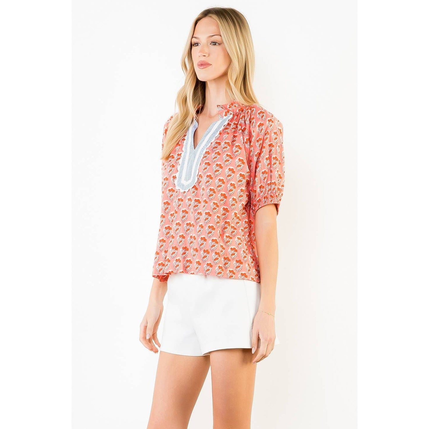 THML Short Sleeve Patterned V-Neck Top