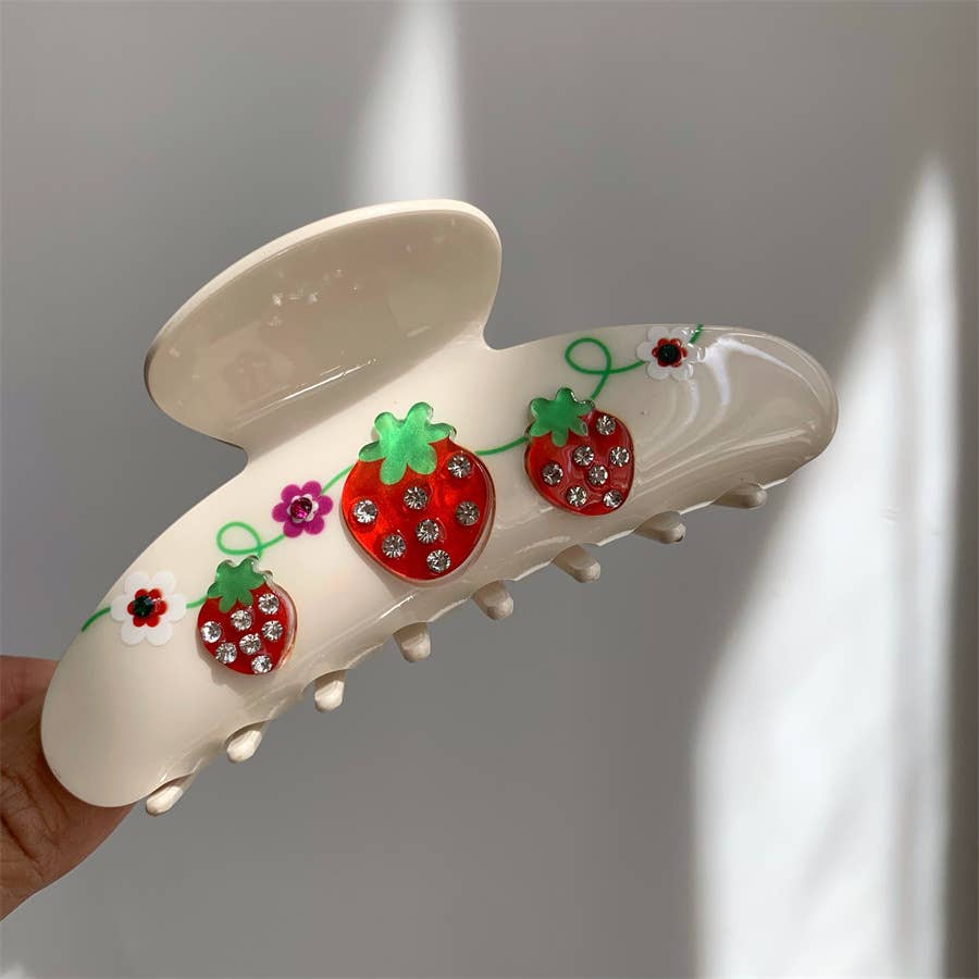 Strawberry & Cherry Design Rhinestone Fruit Hair Clips