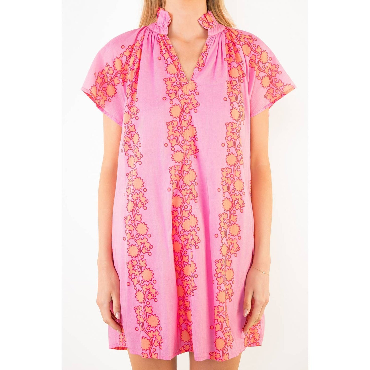 THML Short Sleeve Floral Pattern V-Neck Dress